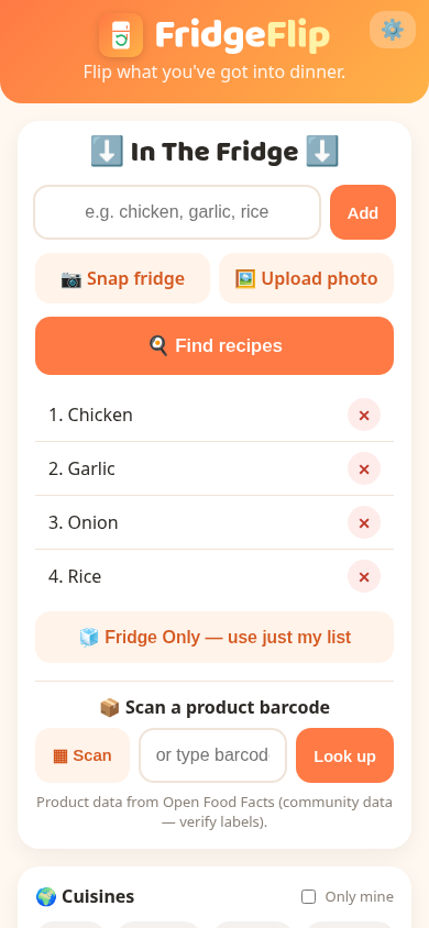 FridgeFlip app home screen