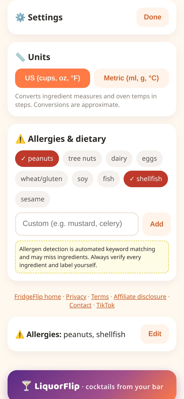 Allergy and units settings