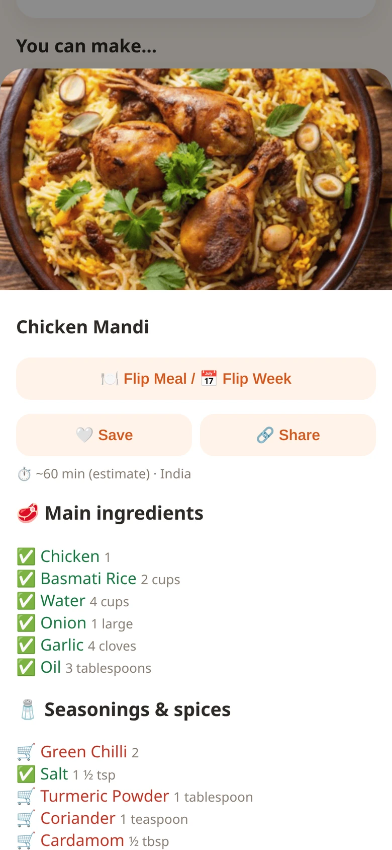 Recipe detail with Save and Share