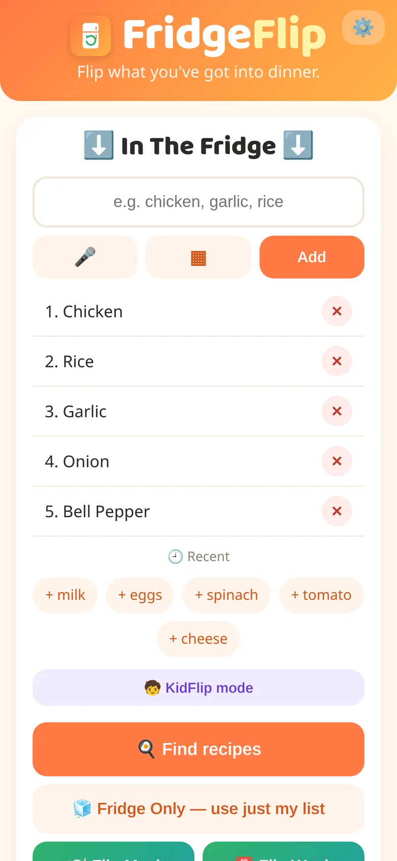 FridgeFlip app home screen