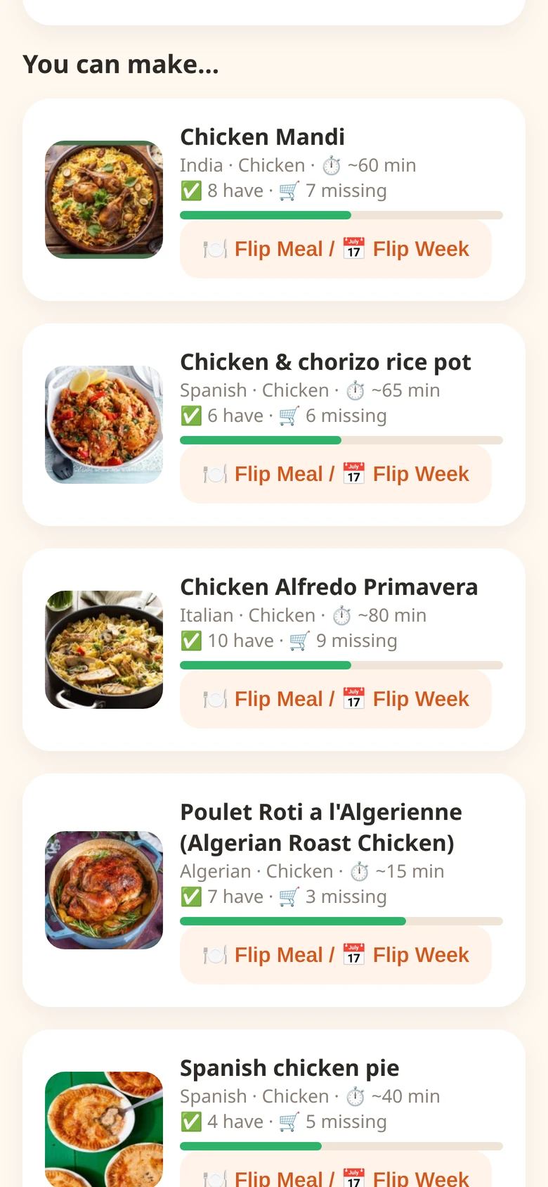 Recipe results sorted by fewest missing